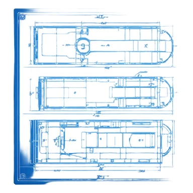 blue blueprint plan with white lines, side and top view combined sticker