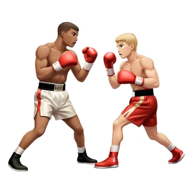 Two professional boxers in the ring fighting for the world championship title. One delivers a powerful straight punch to the head, while the other skillfully dodges. The background shows a brightly lit boxing arena with a roaring crowd. Transparent background sticker