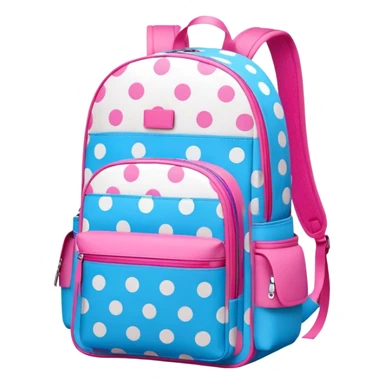 A stylish cute school backpack, medium-sized, with a modern design in bright blue and pink. It features a polka dots pattern of across the front pocket, giving it a sleek yet dynamic look, front view sticker