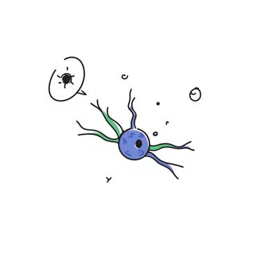 Anatomical neuron illustration with neuroprotective elements: blue cell body (soma), purple dendrites branching out, long green axon with myelin sheath, and protective shield-like aura surrounding the entire neuron. Hand-drawn detailed scientific diagram with glowing protective barrier. sticker