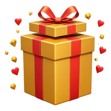 3D emoji style illustration of a big golden gift box with a shiny orange ribbon, a red off-road SUV car jumping out of the box, bright glowing orange background, small playing cards and sparkles flying around, no text, high resolution, square image sticker