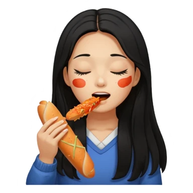 Girl black long hair eat kimchi close eyes baguette sticker