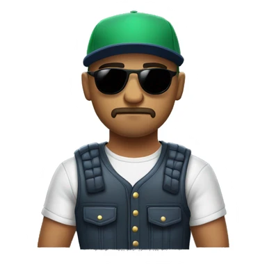 Bald Mexican young man with round face a dark beard baseball cap and dark cool sunglasses looking tough huge muscles sticker