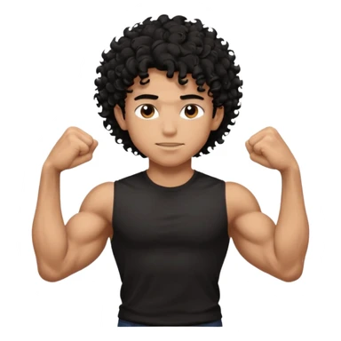 muscular teen boy with veiny hands arms and biceps. has messy black curly hair with dark-tan skintone with black tshirt sticker