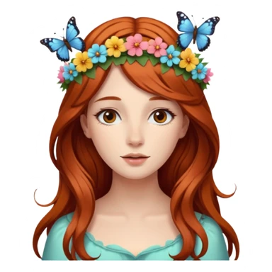 Woman with long flowing auburn hair wearing a flower crown with butterflies in it sticker