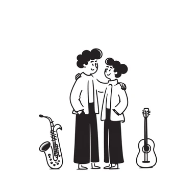 Two musicians standing side by side, both facing forward, with one's arm over the other's shoulder in a friendly side hug, both smiling, musical instruments nearby, fraternal camaraderie sticker