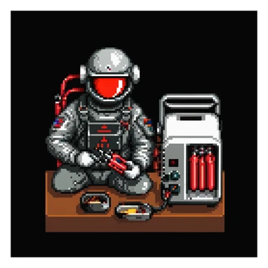 a SNES box art image of a man in a heavy EOD protective milsuit, using pliers in his hand to repair a toaster with three red tubes connected to it. Cutscene graphic sticker