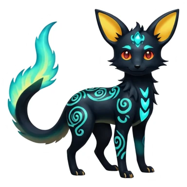Shiny Fiery Dark Glowing Ethereal Eldritch Cool Edgy Badass Punky Aural Iridescent Fluorescent Bioluminescent Umbreon-Amaura-Salandit-Litten-Flareon-Fakémon-fusion (full body) with intricate pattern markings sticker