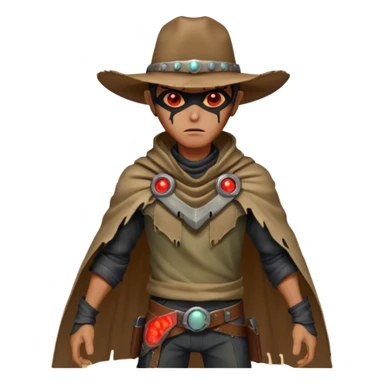 A rugged alien outlaw cowboy with scars and glowing red eyes, torn futuristic poncho, standing in a deserted alien town, dust blowing through empty streets, moody shadows, gritty sci-fi western realism
 sticker