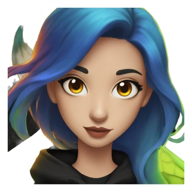 Lady with brunette and iridescent blue hair, gold, lime green dragon wings, black hoodie, bleach dyed, black and gold Nike t shirt, and bright red eyes sticker