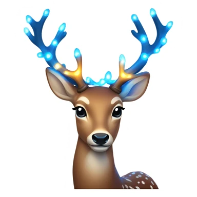 Deer with 8 antlers lit up with warm lights and a blue bow on neck sticker