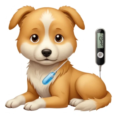 A sick dog lying down with a digital thermometer placed next to it, showing a fever.
The dog looks tired and weak, with a warm and cozy indoor atmosphere. sticker