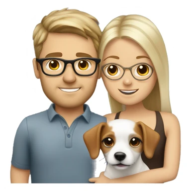 White blonde girl and a white men with brown hair glasses, both cuddling a jack Russell sticker
