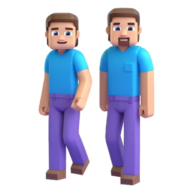 Minecraft Steve, blocky character with blue shirt and purple pants, smiling face, playful pose, 3D emoji style sticker