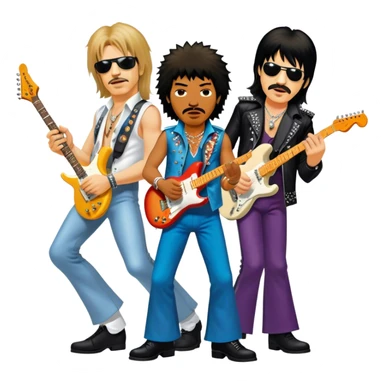 Icon for Rock Music: collage of iconic rock musicians—Klaus Meine, Jimi Hendrix, Kurt Cobain, Freddie Mercury, and Ozzy Osbourne—playing electric guitars and singing on stage. Capturing the powerful energy and rebellious spirit of rock. Transparent background. sticker