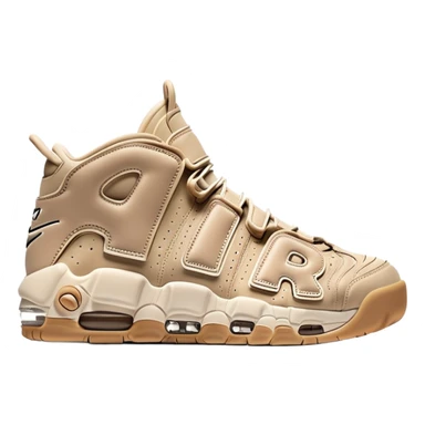 Minimalist pair of beige Nike Air More Uptempo sneakers side by side, clean simple design with AIR lettering on sides sticker