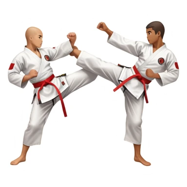 Two karate fighters in traditional gi sparring. One executes a high kick aimed at the opponent’s head, while the other blocks with a strong hand defense. The background features a classic dojo with wooden flooring and banners. Dynamic motion and focused expressions. Transparent background. sticker