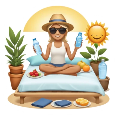 A person in the sun, with a plate of whole foods, water bottle, and glowing bed behind them. Nearby, smiling friends gather—symbolizing balance, healing, and connection through simple daily rituals. sticker