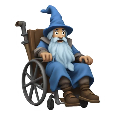A old wizard with huge muscles and a blue beard and dirty cloths is in a wheelchair and smoking a pipe sticker