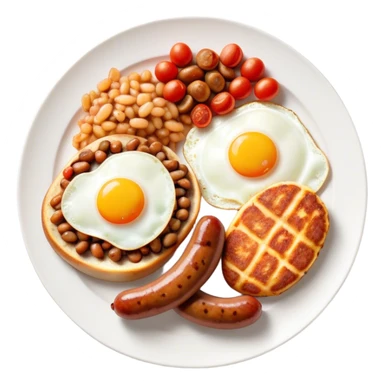 English Breakfast Cinematic Realistic English Breakfast Dish Emoji, depicted as a hearty plate featuring 2 sizzling sausages, a central serving of baked beans, 2 perfectly fried eggs, 2 sliced grilled tomatoes, 2 grilled mushrooms, and a triangle-shaped hash brown, rendered with vivid textures and warm, inviting lighting. sticker