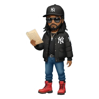 African American man with shoulder length black dreadlocks with black beard wearing black sunglasses wearing a black New York Yankees logo baseball cap wearing a black bubble winter coat with denim skinny jeans and timberland boots writing a letter sticker