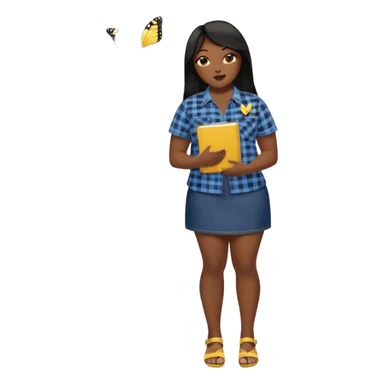 A plus-size Black woman is wearing makeup. She has long, straight black hair and is wearing a short-sleeved flannel shirt with a yellow butterfly print, a denim miniskirt, and sandals. She is standing and holding a book in one hand while extending her forearm upward with the other. sticker