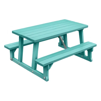 rectangular picnic table with benches, white tips on table and bench ends, straight vertical legs, soft teal color, small wheels, flat wood-style silhouette, clean geometry, minimal shading sticker