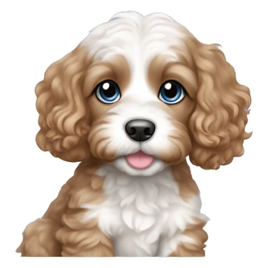 a cavapoo puppy with white and brown, wavy hair, blue eyes, pink nose  sticker
