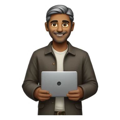an Indian man with a warm, friendly smile holding a laptop in standing postion.  sticker