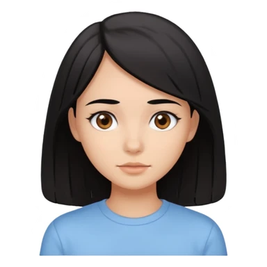 Emoji of a girl with black-brown long bob hair, fair tan skin, brown eyes, soft black eyebrows, pastel blue shirt, clean girl aesthetic, white background  sticker