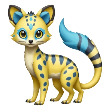Colorful Yellow Meloetta-Civet-Sergal-Genet-Pokémon-Digimon-Fakémon-fusion-hybrid-creature with Cyan stripes and blue leopard-spot-markings  sticker
