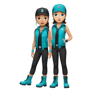A landscaper in a beautiful turquoise jacket and turquoise boots, black pants, and a black sleeveless shirt. On his head is a black Swissotel baseball cap. The girl is a brunette with blue eyes. sticker