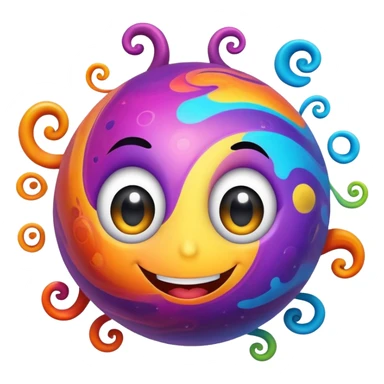 multicolored planet with swirls of bright colors and a happy smiling face with big eyes sticker