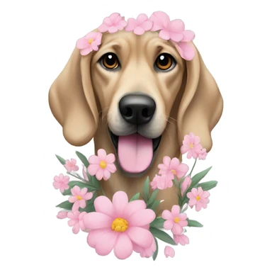 Dog,pink, flowers on a grey oversized T-shirt sticker