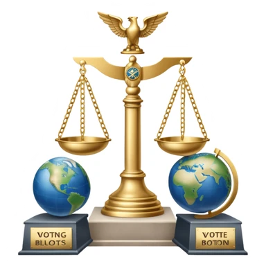 An icon featuring a podium with microphones, scales of justice, and a government building, symbolizing political science. The design includes a globe and voting ballot to represent global politics and civic participation. Transparent background highlights governance, policy, and political analysis. sticker