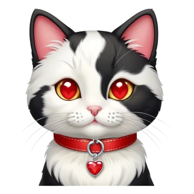 tuxedo cat with red leash and heart pendant, white fur only on mouth, small diamond spot above nose sticker
