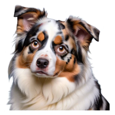 Cinematic Grumpy Calico Australian Shepherd Portrait Emoji, Head tilted slightly with a deeply unimpressed expression, thick predominantly white fur with distinct black, tan, and red merle calico patches, large, droopy blue eyes narrowed into an unamused glare, ears slightly drooping in exasperation, Simplified yet comically expressive features, highly detailed, glowing with a dry, sarcastic glow, high shine, effortlessly judgmental yet dignified, stylized with a touch of cynicism, bright but brooding, soft glowing outline, capturing the essence of an eternally unimpressed yet endearing pup, so lifelike it feels like it could sigh heavily at you in disdain at any moment! sticker