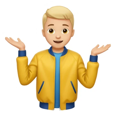 excited boy with good hair cut shrugging his shoulder, wearing yellow jacket and smile sticker