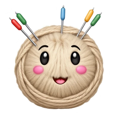 ball of beige mohair wool with knitting needles, needles have expressive emoji faces sticker