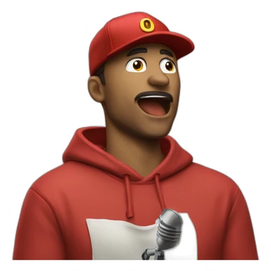 forty-something man with a red cap and a red sweatshirt raps into a microphone sticker