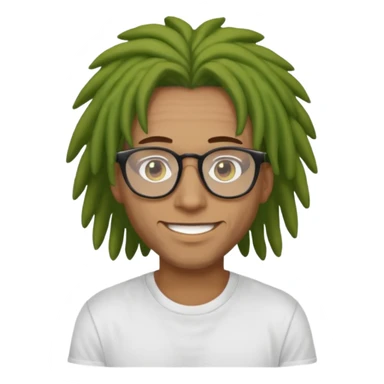 man with brown dreads white tee golden eyes light green skin glasses and white smile sticker