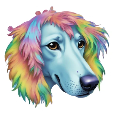 Multicolored rainbow retro groovy tie dye hippie trippy floral patterns on a metallic holographic iridescent blue dog face head unicorn sticker