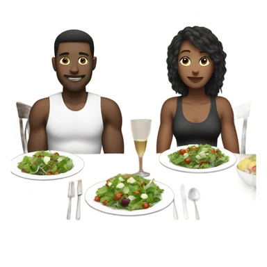 emoji Sporty white couple, man and woman in sportswear, sitting at Christmas festive dinner table only salads. behind them is a Christmas tree sticker