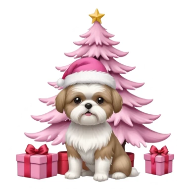 one little white all over shih tzu dog with pink santa hat with short hair sitting next to pink christmas tree sticker