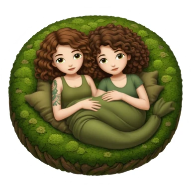 cozy moss bed — long wavy brown hair tattooed woman and short tight curly brown hair woman — curled together on moss pillow sleepy sticker