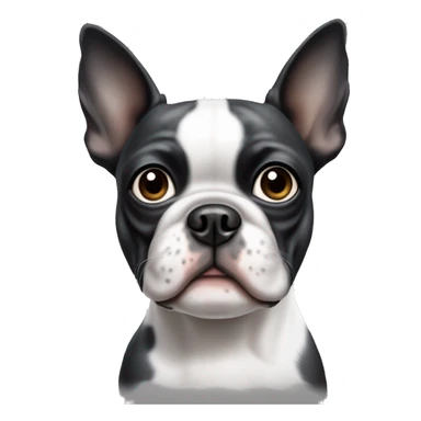 Boston terrier dog white with a grey patch over his left eye and ear sticker