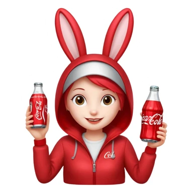 Red soda can as its head and a body resembling a bottle can . The can has large, friendly eyes and a smiling facial expression. The character’s bunny long ears are also red, and it has sliver accents on either side. The body displays the Coca-Cola logo prominently. sticker