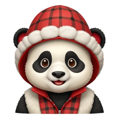 Photorealistic close-up of a cute, smiling panda wearing a red patterned winter trapper hat. Happy expression, cheerful vibe. Simple studio background. Detailed textures, sharp focus sticker