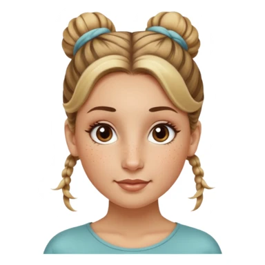 creative women with long dark Blond with highlights semi curly hair white women with hair in a top bun(one bun not two), oval shape face hazel eyes long lashes freckles on the nose high cheek bones sticker