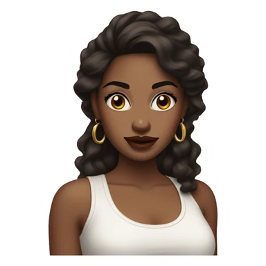 woman with long wavy dark brown hair, big dark brown eyes with thick eyelashes, thick round lips wearing a white tank top and gold earrings sticker